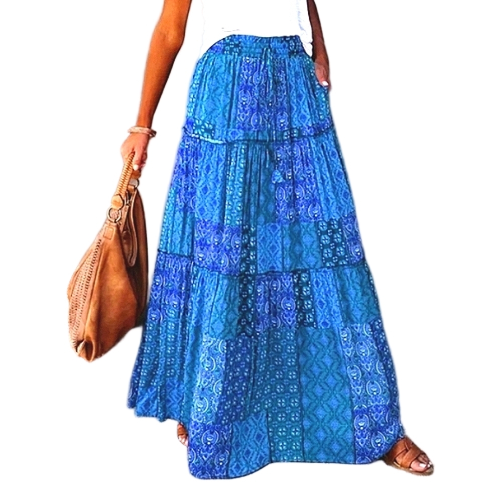 Maxi Skirt Blue 70s Style Patchwork Print Flowy Boho Long Skirts Hippie Skirts - Picture 8 of 9